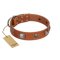 "Amorous Escapade" Embellished FDT Artisan Tan Leather Great Dane Collar with Chrome Plated Crossbones and Plates