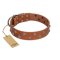 "Waltz of the Flowers" Handmade FDT Artisan Tan Leather Great Dane Collar with Chrome-plated Engraved Studs