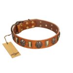 "Strike of Rock" FDT Artisan Tan Leather Great Dane Collar with Plates and Medallions with Skulls