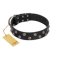"Power-Flower" FDT Artisan Black Leather Great Dane Collar with Two Rows of Silver-like Studs with Engraved Flowers