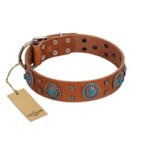 "Blue Sands" FDT Artisan Tan Leather Great Dane Collar with Silver-like Studs and Round Conchos with Stones