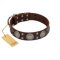 "Sun in Barchans" Modern FDT Artisan Brown Leather Great Dane Collar with Engraved Stars on Round Plates and Studs