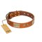 "Ancient Treasures" FDT Artisan Tan Leather Great Dane Collar with Antiqued Plates and Studs