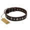 "Gorgeous Shields" FDT Artisan Brown Leather Great Dane Collar with Old Silver-like Circles and Small Camomiles