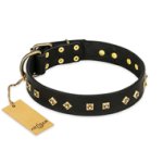 'Rhomb Style' FDT Artisan Great Dane Black Leather Dog Collar with Old Bronze-Like Plated Studs 1 1/2 inch (40 mm) Wide