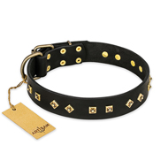 'Rhomb Style' FDT Artisan Great Dane Black Leather Dog Collar with Old Bronze-Like Plated Studs 1 1/2 inch (40 mm) Wide
