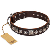 'Pierian spring' FDT Artisan Brown Leather Great Dane Dog Collar with Silvery Decorations - 1 1/2 inch (40 mm) wide