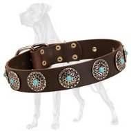 Great Dane Leather Collar with Plated Circles and Blue Stones