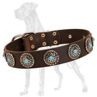 Exclusive Decorated Leather Great Dane Collar with Conchos and Blue Stones