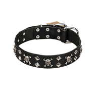FDT Artisan 'Rock 'n' Roll Style' Leather Great Dane Collar with Skulls, Bones and Studs 1 1/2 inch (40 mm) wide