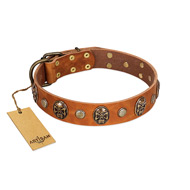 "Call of Feat" FDT Artisan Tan Leather Great Dane Collar with Old Bronze-like Studs and Oval Brooches