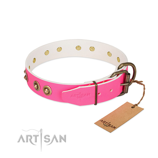 Natural genuine leather dog collar with durable D-ring and studs