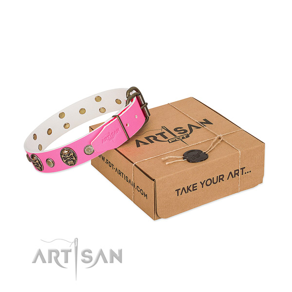 Rust-proof decorations on full grain genuine leather dog collar for your pet