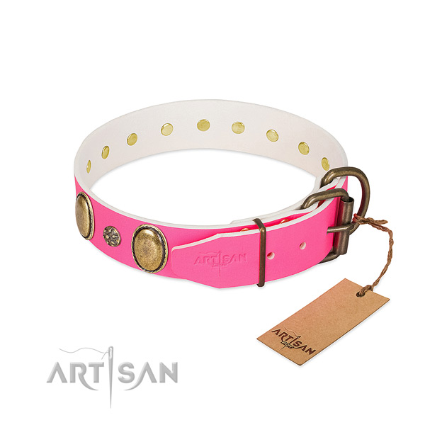 Handy use flexible full grain natural leather dog collar with adornments