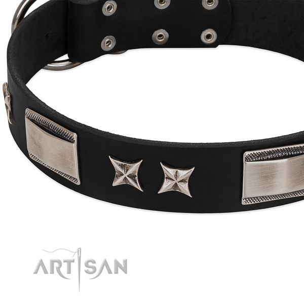 Flexible genuine leather dog collar with rust-proof traditional buckle
