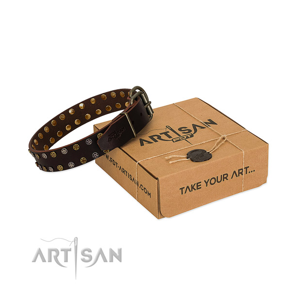 Handy use quality full grain natural leather dog collar with embellishments