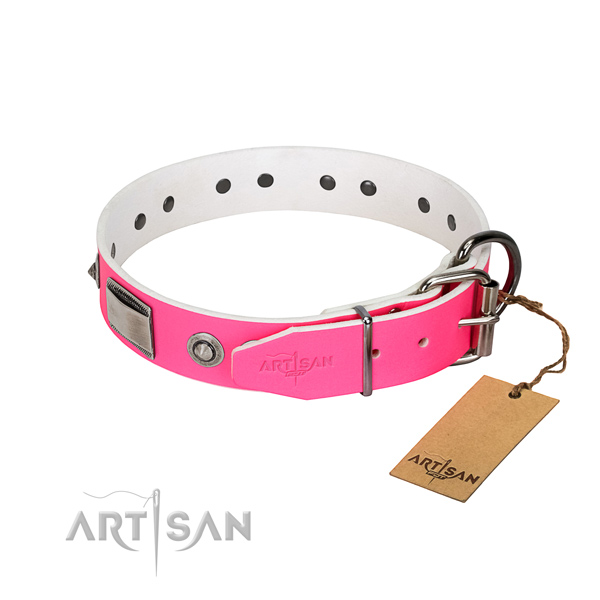 Easy adjustable genuine leather collar with decorations for your doggie