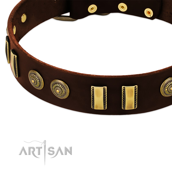 Rust resistant D-ring on genuine leather dog collar for your canine