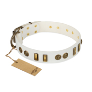 "Midsummer Snow" FDT Artisan White Leather Great Dane Collar with Old Bronze-like Plates and Circles "Midsummer Snow" FDT Artisan White Leather Great Dane Collar with Old Bronze-like Plates and Circles