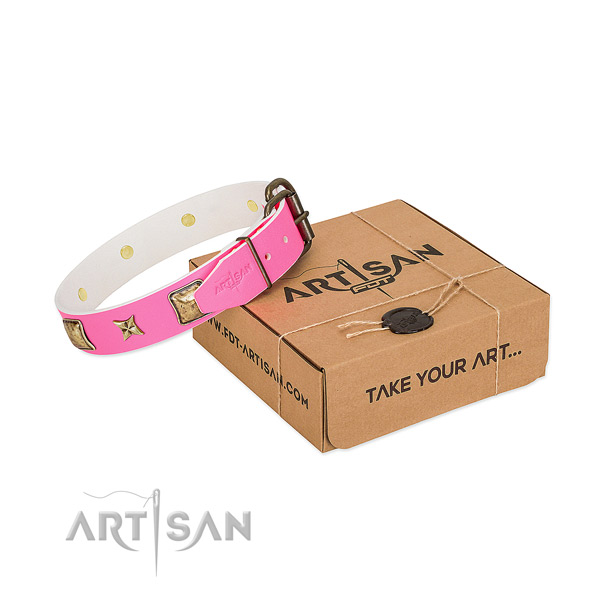 Reliable hardware on full grain natural leather dog collar for daily walking
