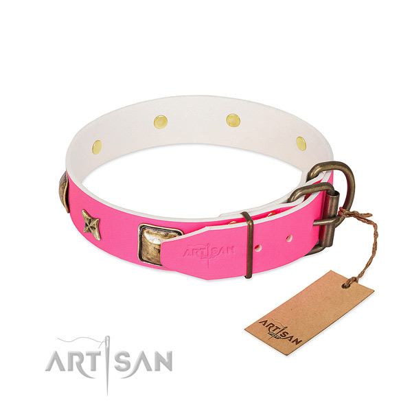 Corrosion proof buckle on full grain genuine leather collar for daily walking your doggie
