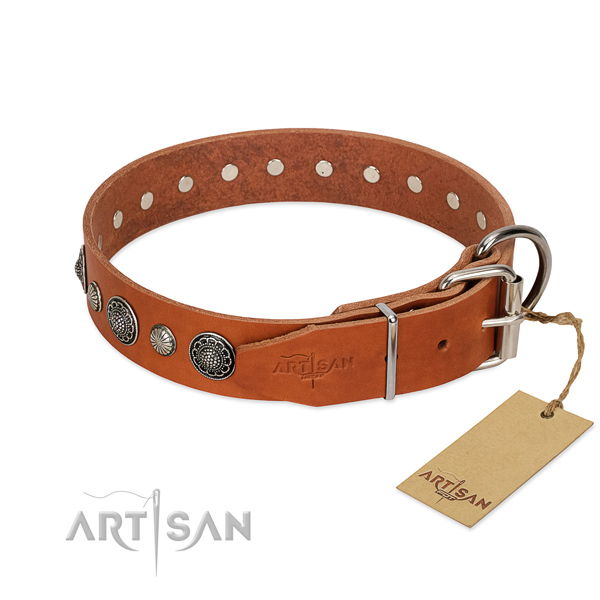 Soft to touch genuine leather dog collar with rust-proof D-ring