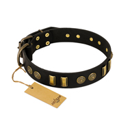 "Simple Elegance" FDT Artisan Black Leather Great Dane Collar with Old Bronze-like Plates and Circles "Simple Elegance" FDT Artisan Black Leather Great Dane Collar with Old Bronze-like Plates and Circles