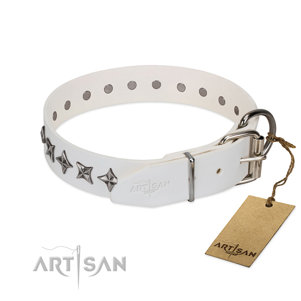 Comfortable wearing adorned dog collar of top quality genuine leather