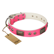 "Fashion Skulls" FDT Artisan Pink Leather Great Dane Collar with Old Silver Look Plates and Skulls "Fashion Skulls" FDT Artisan Pink Leather Great Dane Collar with Old Silver Look Plates and Skulls