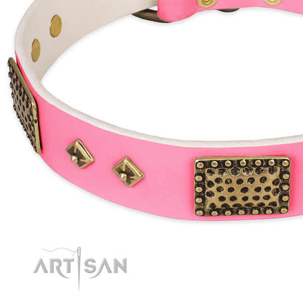 Natural genuine leather dog collar with studs for comfy wearing