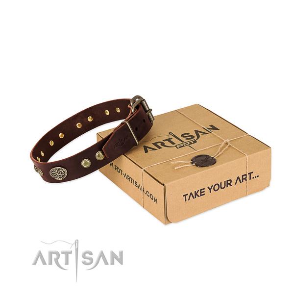 Strong D-ring on full grain leather dog collar for your canine