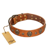 "Rockstar" FDT Artisan Tan Leather Great Dane Collar with Engraved Studs and Medallions