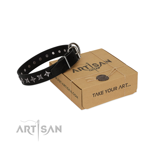 Easy wearing dog collar of quality genuine leather with embellishments
