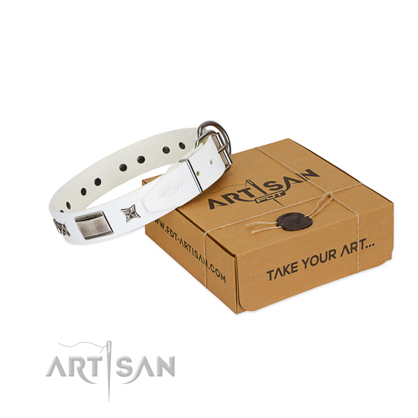 Soft genuine leather dog collar with corrosion proof D-ring