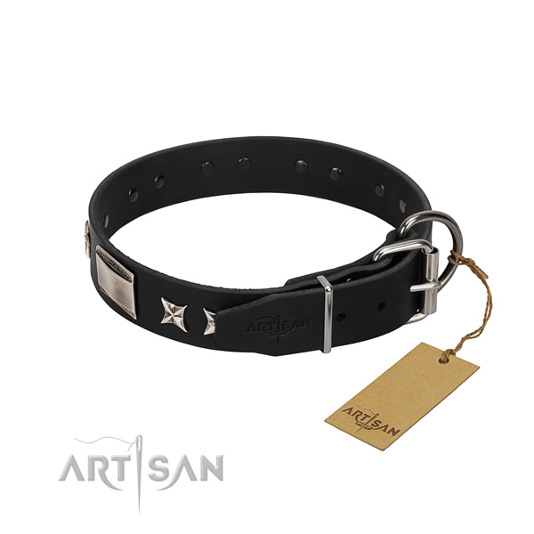 Gentle to touch full grain genuine leather dog collar with corrosion proof D-ring