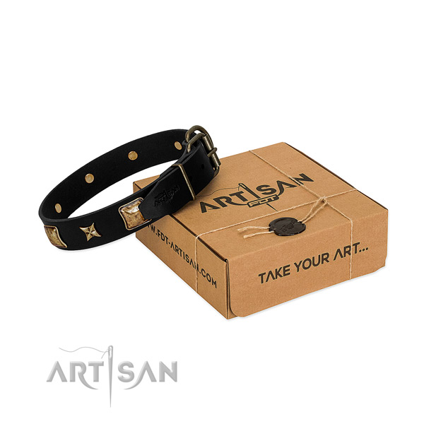 Corrosion proof hardware on natural genuine leather dog collar for easy wearing