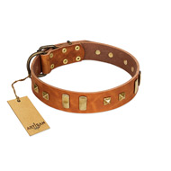 "Sand of Time" FDT Artisan Tan Leather Great Dane Collar with Old Bronze-like Studs and Plates