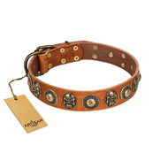 "Golden Epoch" FDT Artisan Tan Leather Great Dane Collar with Old Bronze-plated Medallions and Conchos "Golden Epoch" FDT Artisan Tan Leather Great Dane Collar with Old Bronze-plated Medallions and Conchos
