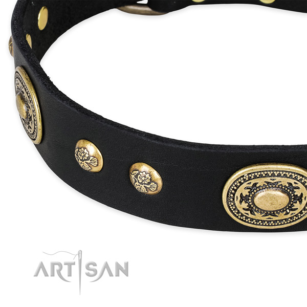 Everyday walking natural genuine leather collar with rust-proof buckle and D-ring