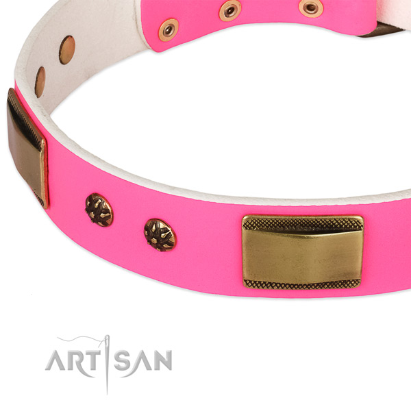 Daily walking full grain genuine leather collar with rust-proof buckle and D-ring