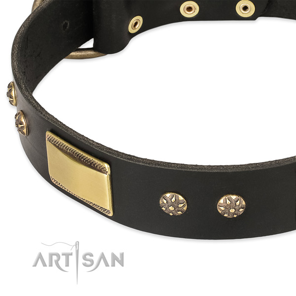 Daily walking full grain natural leather collar with corrosion proof buckle and D-ring