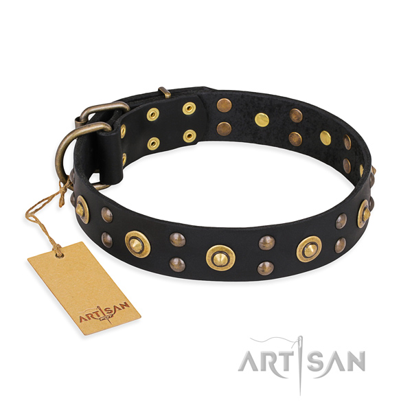 Fashionable design decorations on natural genuine leather dog collar