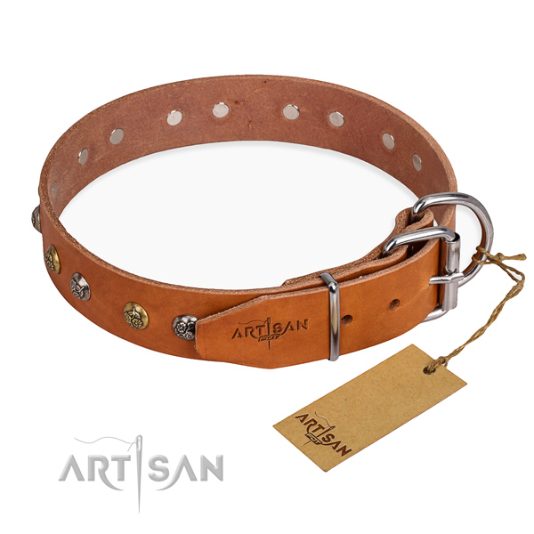 Exceptional design studs on natural genuine leather dog collar