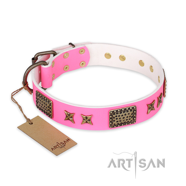 Inimitable design embellishments on natural genuine leather dog collar