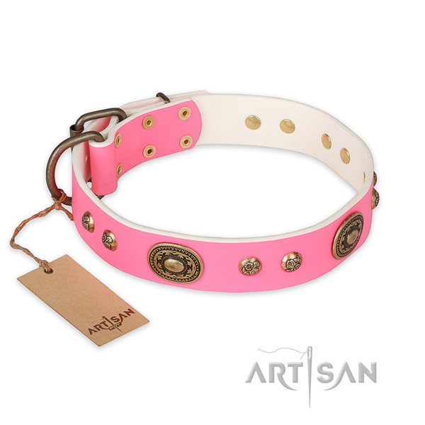 Exquisite design embellishments on natural genuine leather dog collar