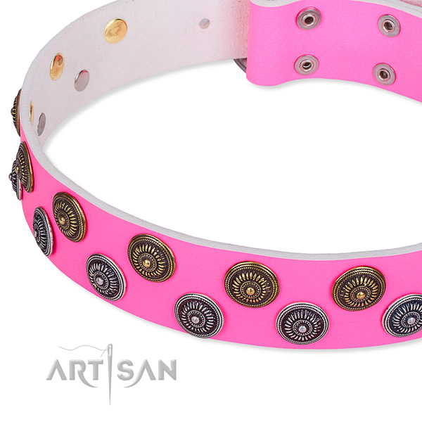 Snugly fitted leather dog collar with almost unbreakable durable set of hardware