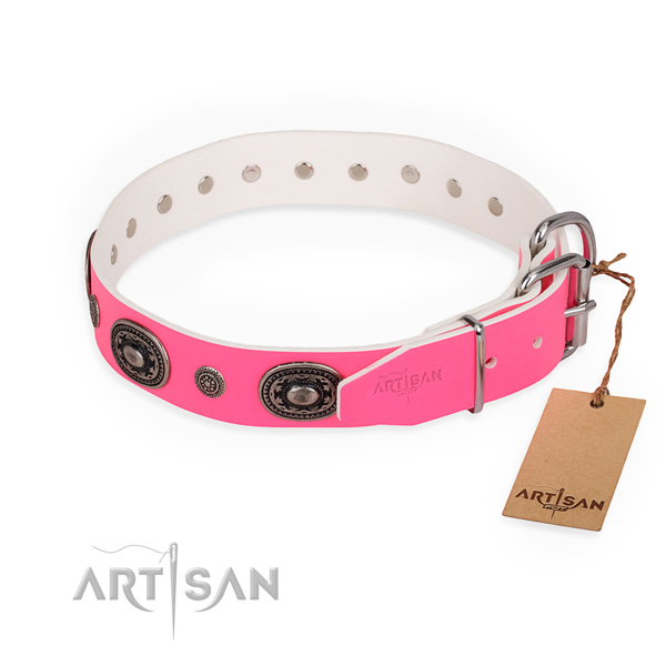 Unusual design embellishments on genuine leather dog collar