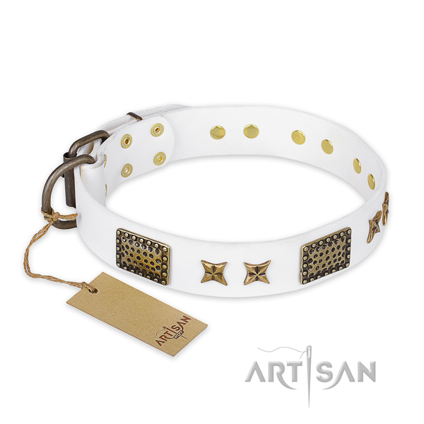 Significant design adornments on full grain genuine leather dog collar