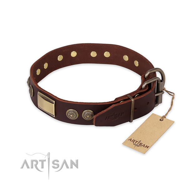 Handy use genuine leather collar with decorations for your pet