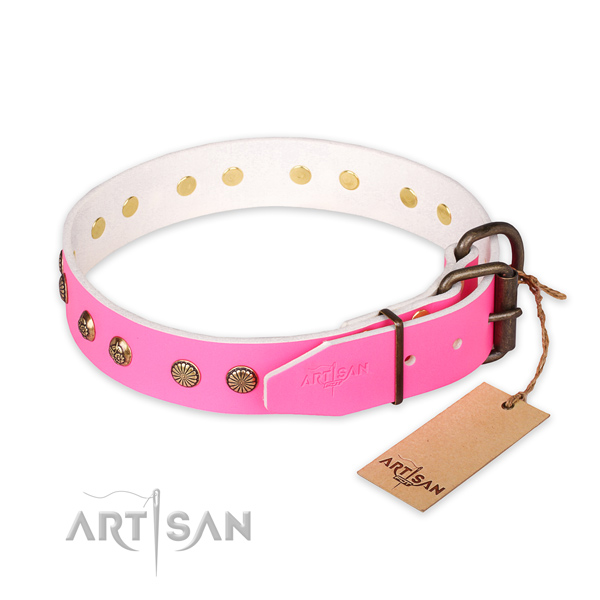 Trendy design embellishments on full grain natural leather dog collar